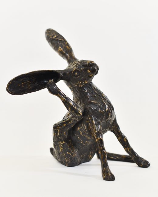 "Meadow Muse" Cast Brass Grooming Hare Sculpture