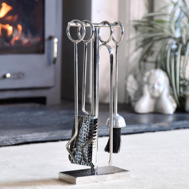 "Middleton" Hammered Polished Steel Companion Set in situ in Front of the Fire Place "Middleton" Hammered Polished Steel Companion Set in situ in Front of the Fire Place