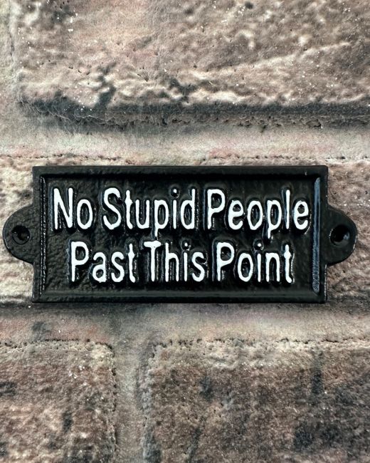"No Stupid People Past this Point" Traditional Cast Iron Wall Sign mounted on brick wall