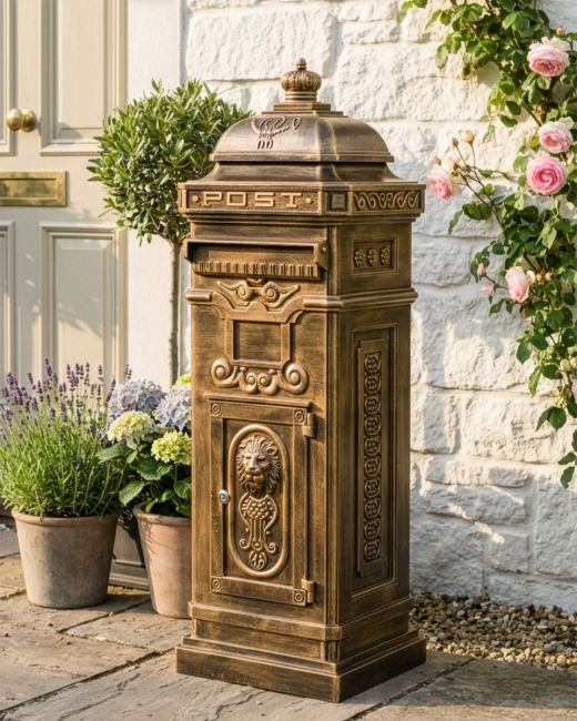 “Raventree” Deluxe Camden Free Standing Post Box in Brushed Gold digital illustration