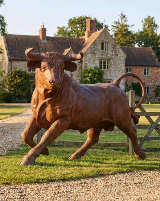 “Shepherds Hill” Rustic Bull Garden Sculpture Digital Illustration