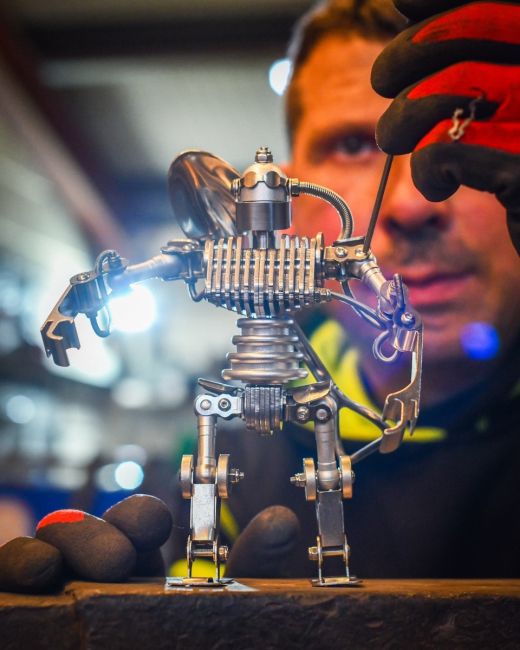 ‘Stainless Sentinel’ Upcycled Stainless Steel Robot being welded together