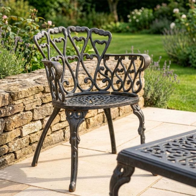 Aged Black Cast Iron Heart Scrolled Garden Chair Aged Black Cast Iron Heart Scrolled Garden Chair