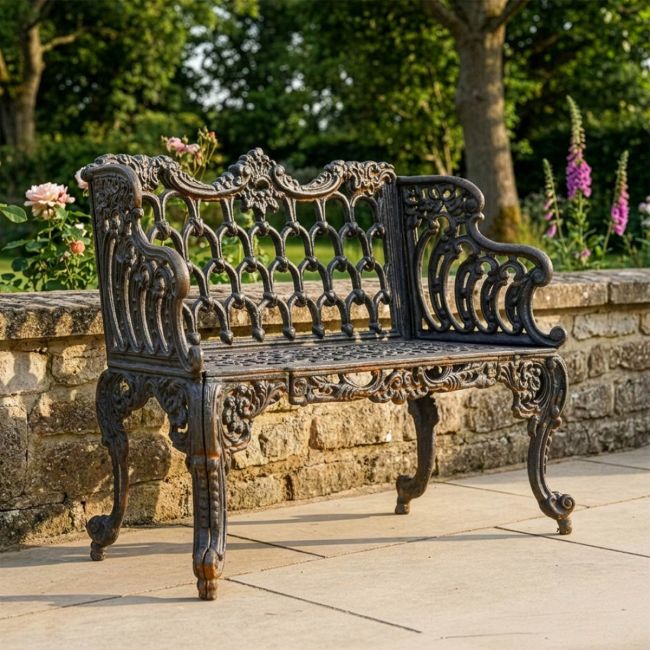 Aged Black Ornate Cast Iron Garden Bench 