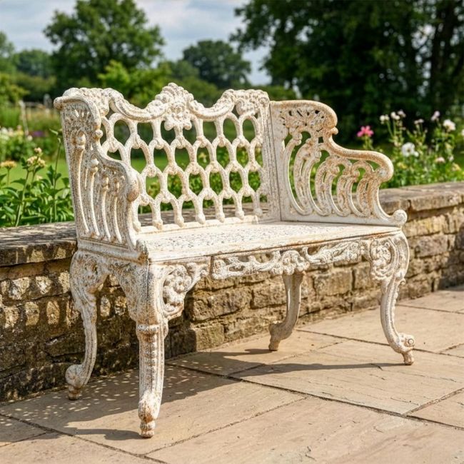 Antique Cream Ornate Cast Iron Garden Bench