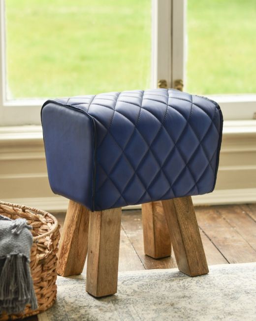 "The Yale" Mango Wood & Blue Leather Stool