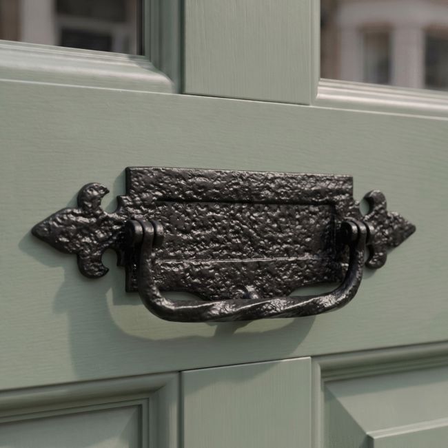 A 14" Antique Black Iron Fleur De Lys Door Letter Plate With Integral Knocker Fixed onto a Front Door of a Period Property - Digital Illustration