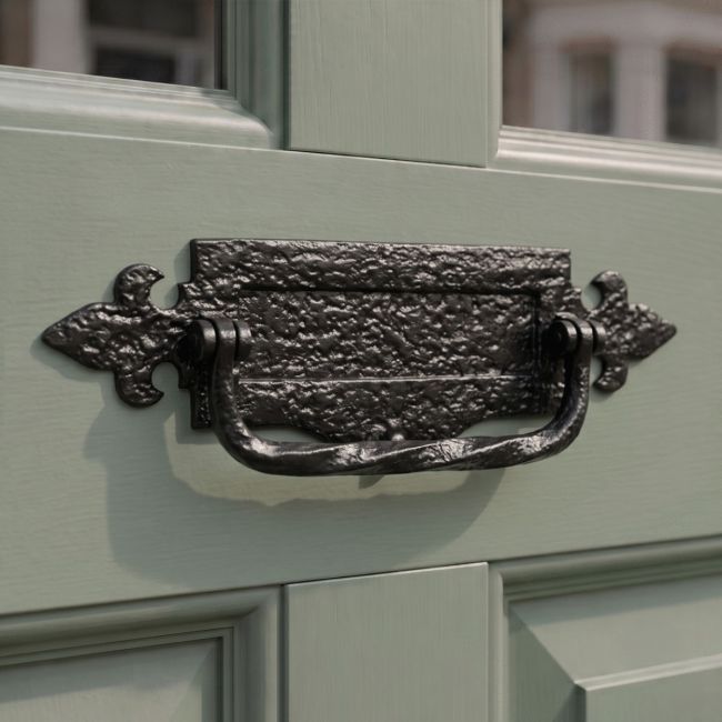 A 14 Inch Traditional Black Iron Fleur-De-Lys Letter Plate With Integral Knocker Mounted on a Sage Green Timber Front Door - Digital Illustration A 14 Inch Traditional Black Iron Fleur-De-Lys Letter Plate With Integral Knocker Mounted on a Sage Green Timber Front Door - Digital Illustration