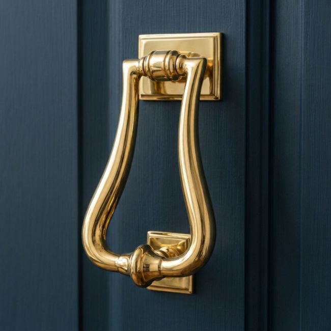 The Polished Brass Art Deco Geometric Loop Door Knocker on a White Background The Polished Brass Art Deco Geometric Loop Door Knocker on a White Background