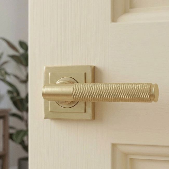 Satin Brass "Royale" Square Concealed Door Handle on Rose Set