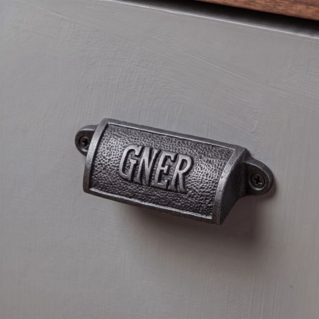A Great North Eastern Railway Initials Industrial Cabinet Pull Handle Fitted on a Wooden Kitchen Drawer in a traditional Home - Digital Illustration