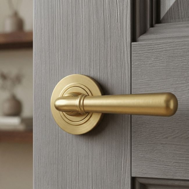 Modern Satin Brass "Neville" Unsprung Door Handle on Rose Set - 53mm