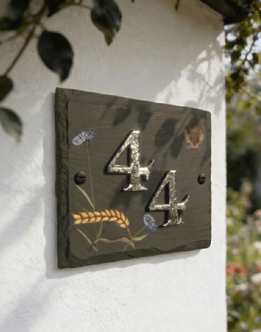 A Hand Painted "Harvest Mouse" Slate Number Sign with Number 41 Placen onto it Mounted on a White Cottage Wall - Digital Illustration A Hand Painted "Harvest Mouse" Slate Number Sign with Number 41 Placen onto it Mounted on a White Cottage Wall - Digital Illustration