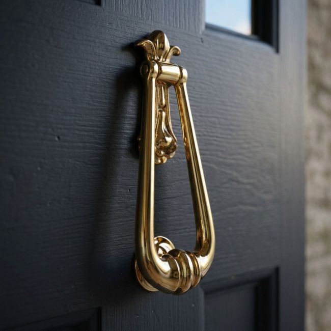 A Navy Door with the "Addison Loop" Polished Brass Door Knocker Mounted on the Front - Digital Illustration A Navy Door with the "Addison Loop" Polished Brass Door Knocker Mounted on the Front - Digital Illustration