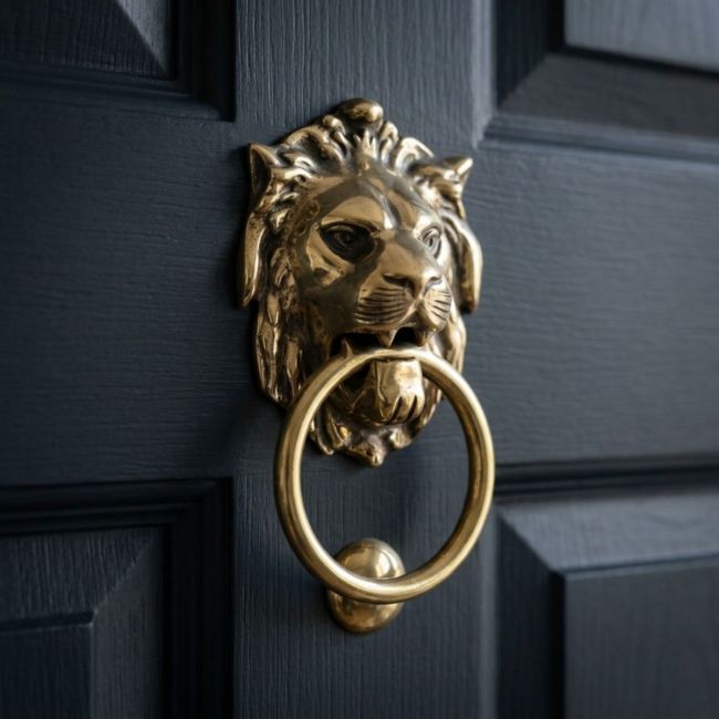 The Aged Brass Traditional Lion"s Head Front Door Knocker on a White Background The Aged Brass Traditional Lion"s Head Front Door Knocker on a White Background