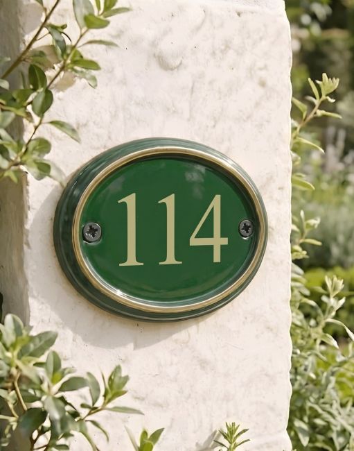 A Number 114 in Vinyl Polished Brass & Green Cast Oval House Number Sign Mounted on a Cream Coloured Building Wall - Digital Illustration A Number 114 in Vinyl Polished Brass & Green Cast Oval House Number Sign Mounted on a Cream Coloured Building Wall - Digital Illustration