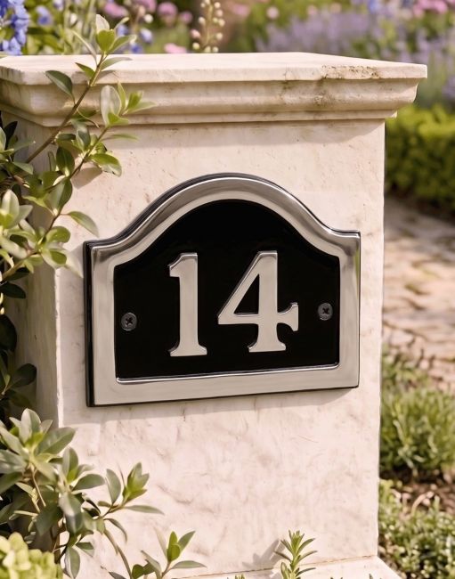 A Number 14 Arched House Number Sign in a Black & Chrome Finish Mounted on a Garden Pillar Driveway - Digital Illustration A Number 14 Arched House Number Sign in a Black & Chrome Finish Mounted on a Garden Pillar Driveway - Digital Illustration