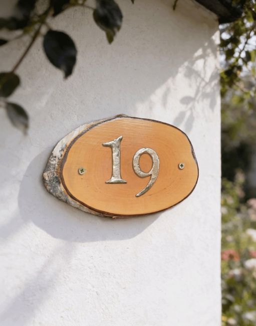 A Number 19 Natural Hard Wood Rustic House Number Sign Mounted on a White Garden Cottage Wall - Digital Illustration A Number 19 Natural Hard Wood Rustic House Number Sign Mounted on a White Garden Cottage Wall - Digital Illustration