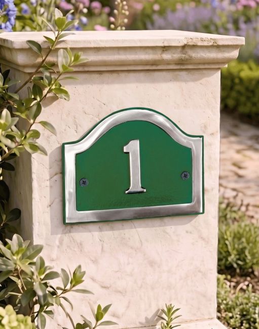 A Number 1 Arched House Number Sign in Green and Chrome Mounted on an Entrance Driveway Pillar - Digital Illustration A Number 1 Arched House Number Sign in Green and Chrome Mounted on an Entrance Driveway Pillar - Digital Illustration