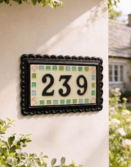A Number 239 "Rose Mosaic" Large Black Iron & Ceramic House Sign Mounted on a Cream Coloured Cottage wall - Digital Illustration 