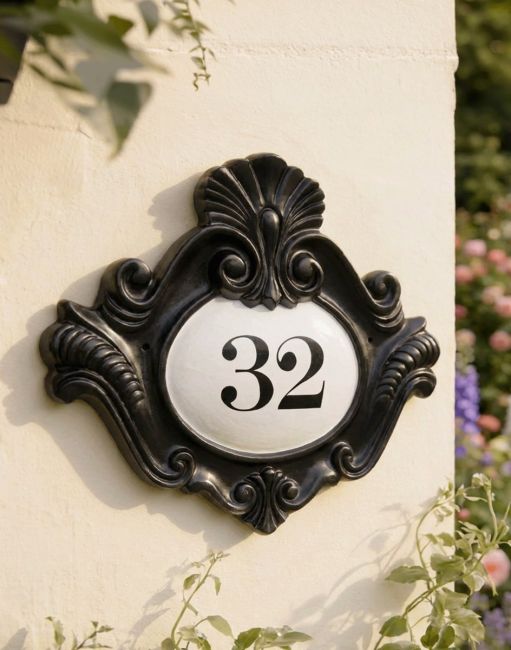 A Number 32 Renaissance Period Style House Plaque Mounted on a Cream Coloured Cottage Garden Wall - Digital Illustration 