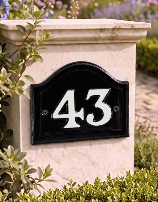 A Number 43 Arched House Number Sign in Black & White Mounted on an Entrance Driveway Pillar - Digital Illustration A Number 43 Arched House Number Sign in Black & White Mounted on an Entrance Driveway Pillar - Digital Illustration