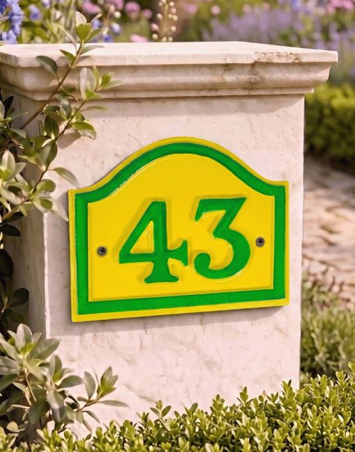 A Number 43 Yellow and Green Painted Arched House Number Sign Mounted on an Entrance Driveway Wall - Digital Illustration A Number 43 Yellow and Green Painted Arched House Number Sign Mounted on an Entrance Driveway Wall - Digital Illustration