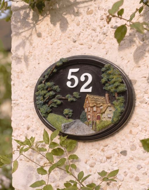 A Number 52 "Brushford Hill Cottage" Hand Painted Countryside House Sign Mounted on a Sunny Cream Coloured Cottage - Digital Illustration 