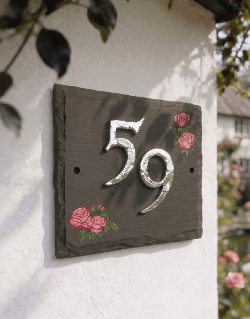 A Number 59 on a Red Roses Hand Painted Slate House Sign Mounted on a White Cottage Sign - Digital Illustration A Number 59 on a Red Roses Hand Painted Slate House Sign Mounted on a White Cottage Sign - Digital Illustration