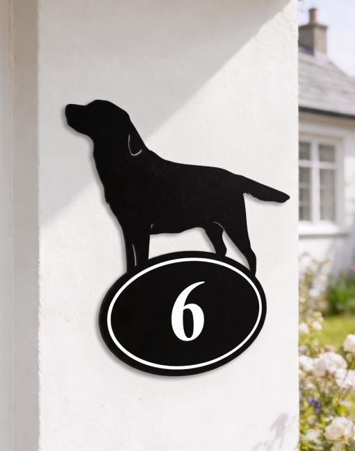 A Number 6 Labrador Iron House Number Sign Mounted on a White Walled Country House - Digital Illustration 