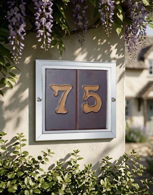 A Number 75 Double Plain Tile Number Frame Mounted on a Flowery Cottage Wall - Digital Illustration 