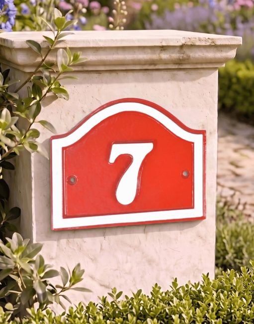 A Number 7 Red and White Painted Arched House Number Sign Mounted on an Entrance Driveway Wall - Digital Illustration A Number 7 Red and White Painted Arched House Number Sign Mounted on an Entrance Driveway Wall - Digital Illustration