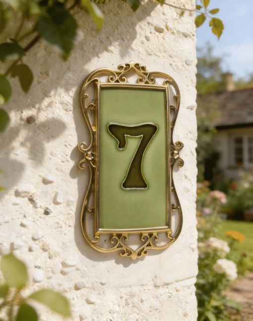 A Number 7 Single Ornate Number Tile & Frame Mounted on a Textured Cream Coloured Wall - Digital Illustration 
