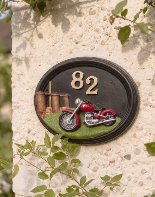A Number 82 Hand Painted "Classic Cruiser" Motorbike House Sign Mounted on a Cream Coloured Cottage Garden Wall - Digital Illustration 