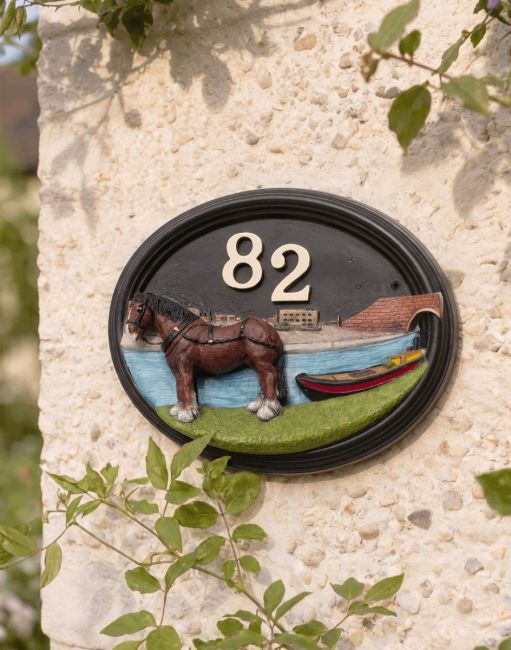 A Number 82 Hand Painted Canal Boat House Sign Mounted on a Sunny Cottage Garden Wall - Digital Illustration 