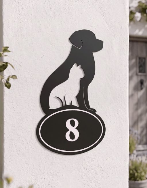 A Number 8 Cat & Dog Iron House Number Sign Mounted on a White Wall Next to a Cottage Entrance - Digital Illustration