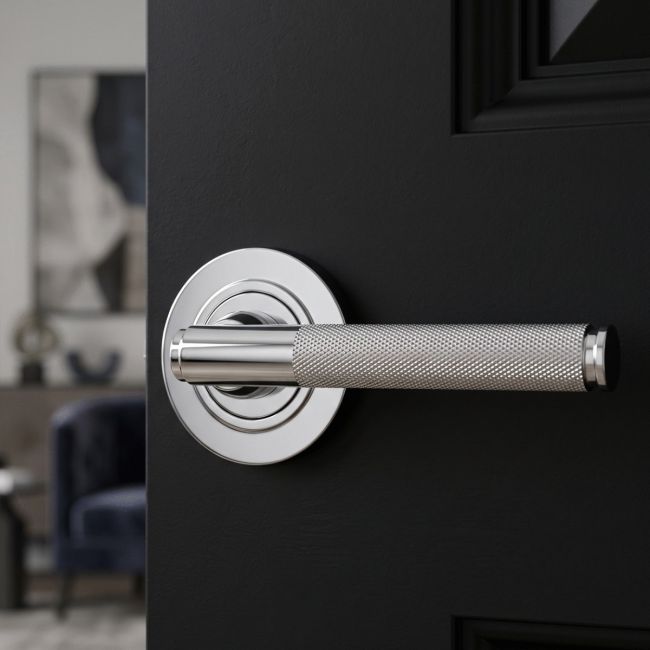 The Polished Chrome Knurled Lever on Plain Rose Set on a White Background 