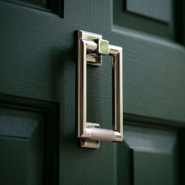 The Polished Steel Modern Knurled Rectangular Door Knocker on a White Background The Polished Steel Modern Knurled Rectangular Door Knocker on a White Background