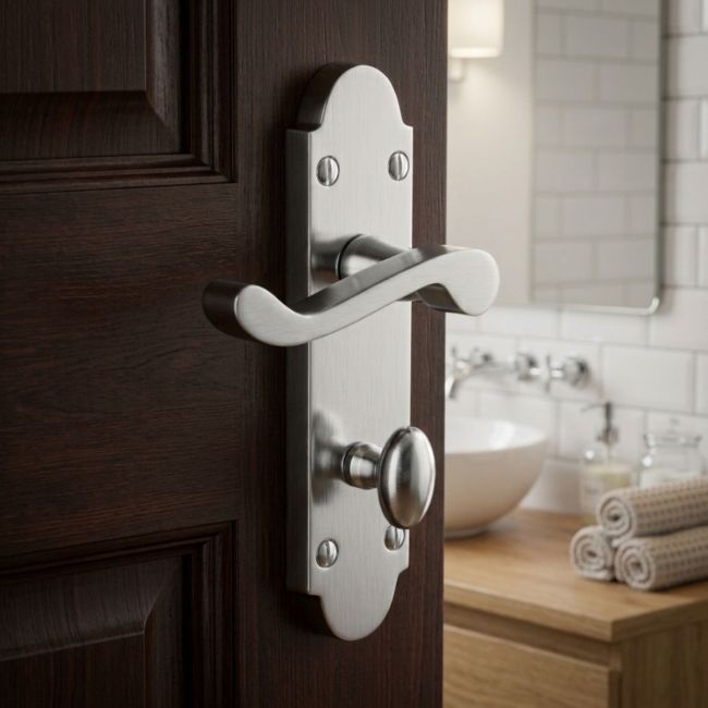 The Satin Chrome Arched Backplate Bathroom Door Handles - Privacy Scroll Lever Pair on a White Background