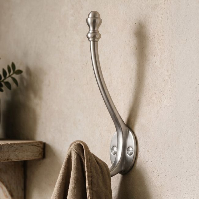 Satin Chrome Double Pronged Mushroom-Capped Coat Hook Satin Chrome Double Pronged Mushroom-Capped Coat Hook