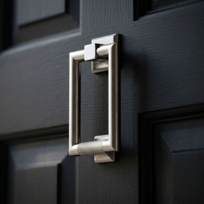 A Satin Stainless Steel Modern Knurled Rectangular Door Knocker Mounted onto a Black Coloured Wooden Front Door - Digital Illustration A Satin Stainless Steel Modern Knurled Rectangular Door Knocker Mounted onto a Black Coloured Wooden Front Door - Digital Illustration