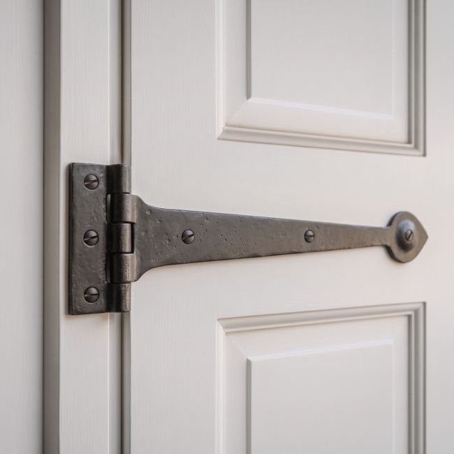 A Smooth Black Wrought Iron Tee Hinge Pair Shown Close up Whilst Mounted on a Bright White Door - Digital Illustration A Smooth Black Wrought Iron Tee Hinge Pair Shown Close up Whilst Mounted on a Bright White Door - Digital Illustration