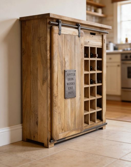 A Solid Mango Wood Wine Cabinet on a Contemporary Stone Tiled Floor Leading to a Kitchen Displayed with Wine Bottles - Digital Illustration