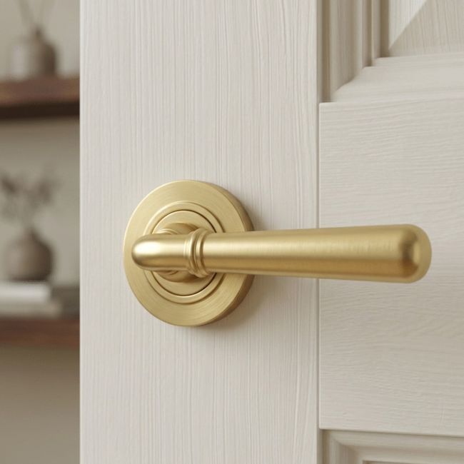 Modern Satin Brass "Neville" Door Handle on Rose Set - 53mm