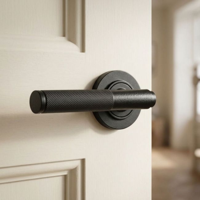 Matte Black Textured Unsprung Lever Door Handle on Rose Front