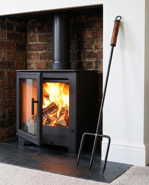 A Wide Traditional Fireside & Firepit Fork in Front of a Lit Log Burner Stove - Digital Illustration