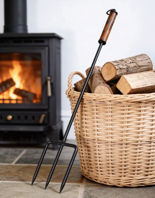 A Wide Traditional Fireside & Firepit Fork in Front of a Lit Log Burner Stove - Digital Illustration