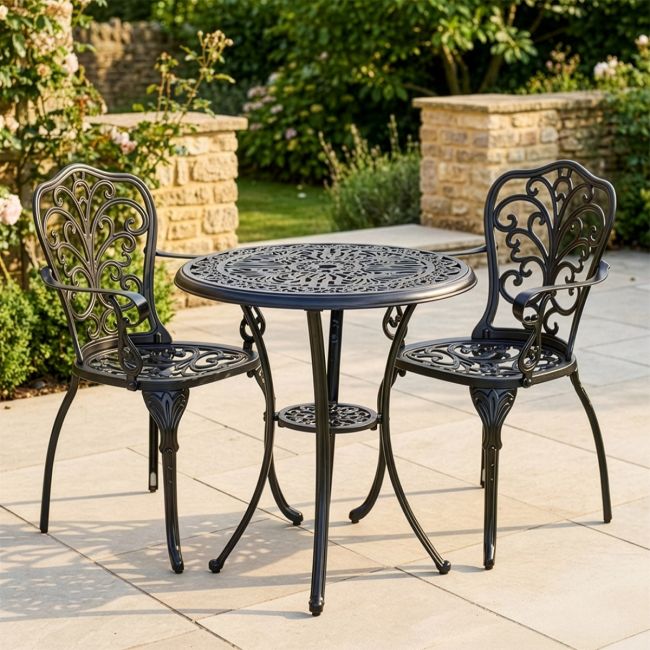 Aged Black "Harlington" Two Seater Garden Table & Chair Set Main Image