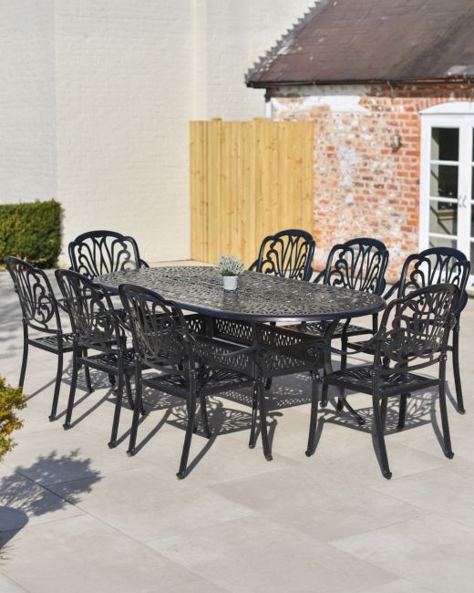 Aged Black "Moreville" Eight Seater Furniture Set in Situ Outside on a Patio