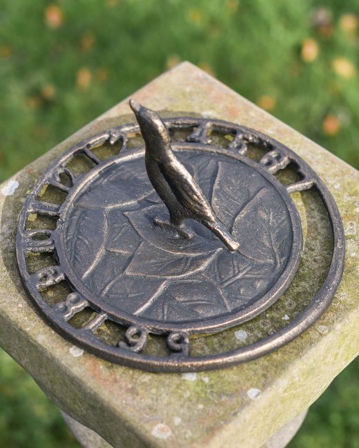 Aged Iron "Tweeting Time" Bird Sundial in Situ on a Stone Column Aged Iron "Tweeting Time" Bird Sundial in Situ on a Stone Column